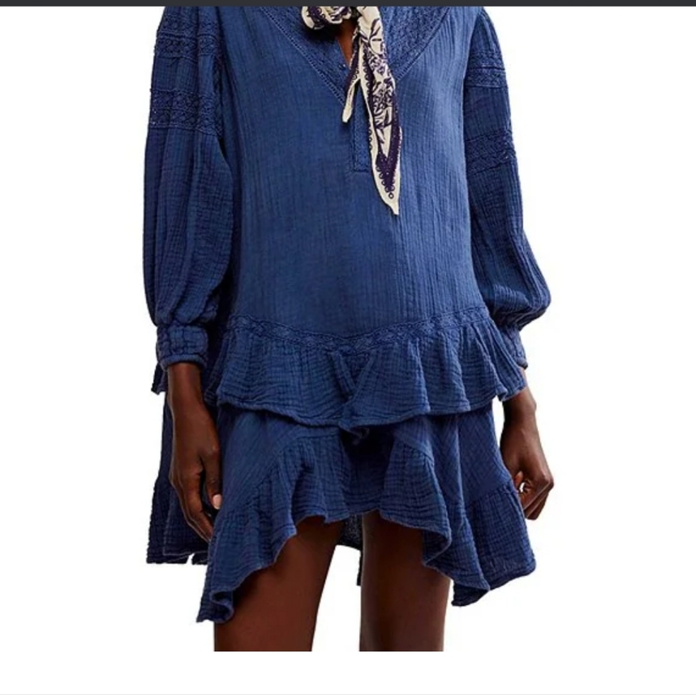 Free People Sachi Cotton V-Neck Long Sleeve FrontButton Embroidered Ruffle Hem
